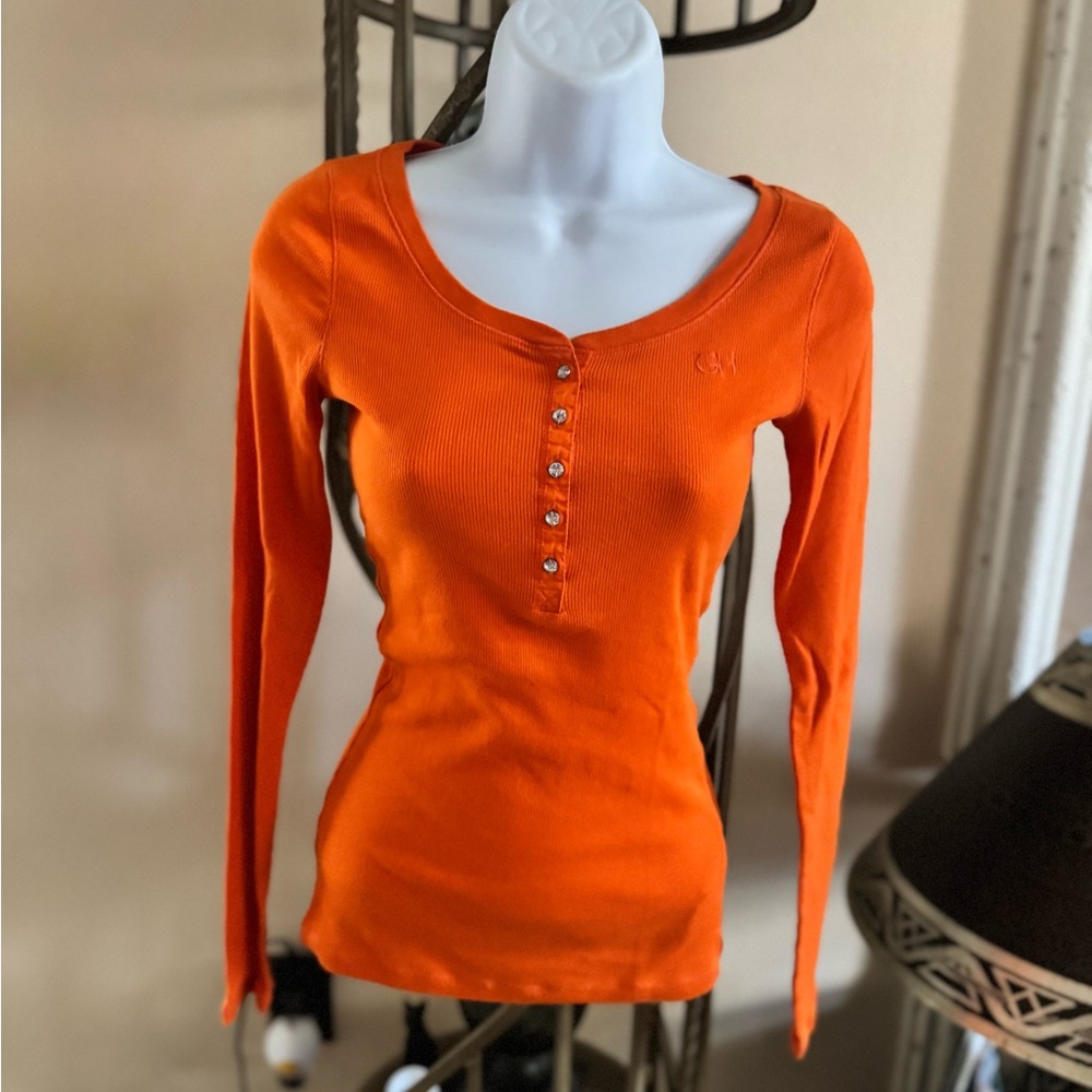 Y2K Vintage Gilly Hicks Vibrant Orange Long Sleeve Top with Rhinestone Buttons S